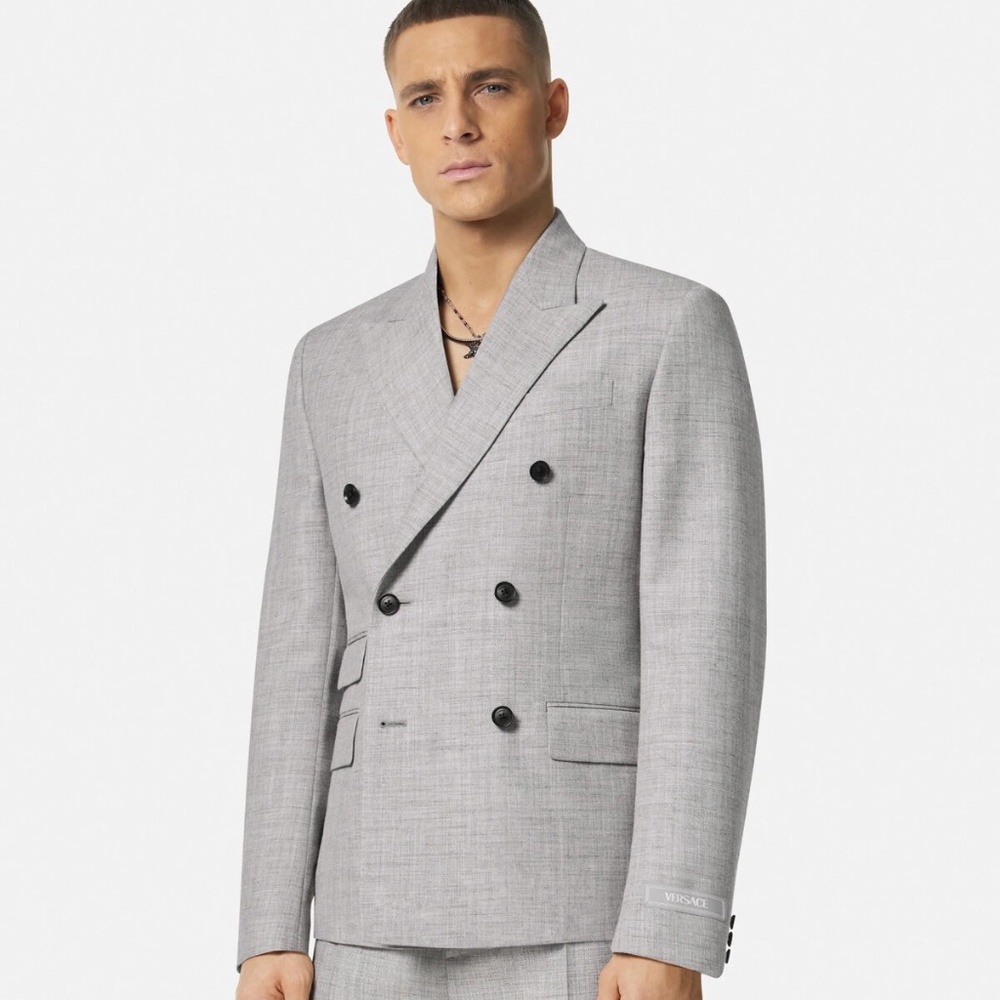 AUTHENTIC VERSACE SUIT Gray Wool-Blend Double-Breasted Blazer IT48 Pants IT50